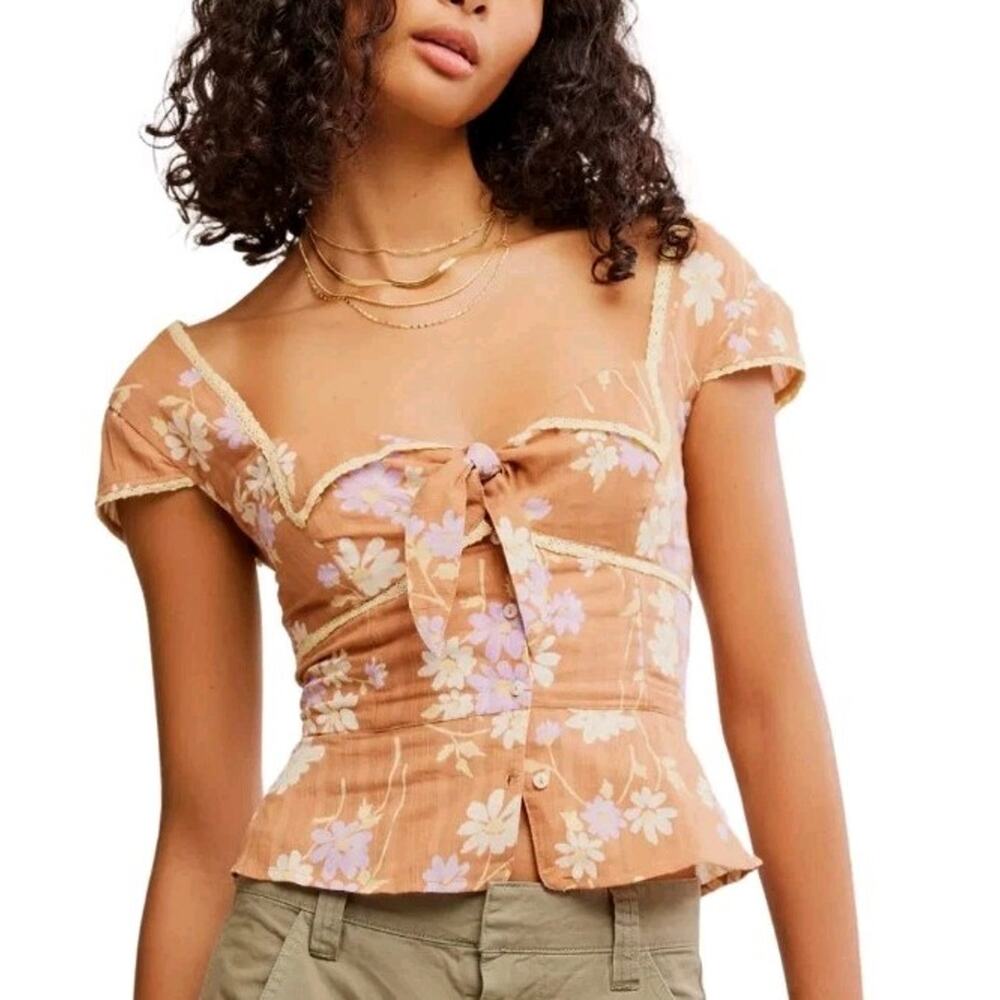 Free People Call Me Baby Top in Meerkat Combo Size L Cottagecore Festival Tan